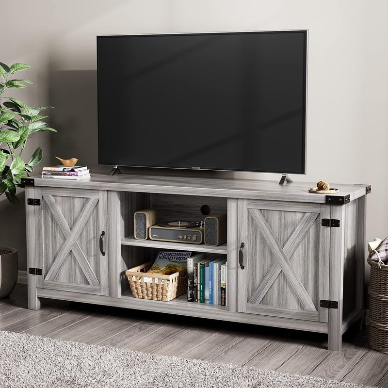 YESHOMY Modern Farmhouse TV Stand with Two Barn Doors and Storage Cabinets for Televisions up to 65+ Inch, Entertainment Center Console Table, Media Furniture for Living Room, 58 Inch, Gray Wash - Image 1